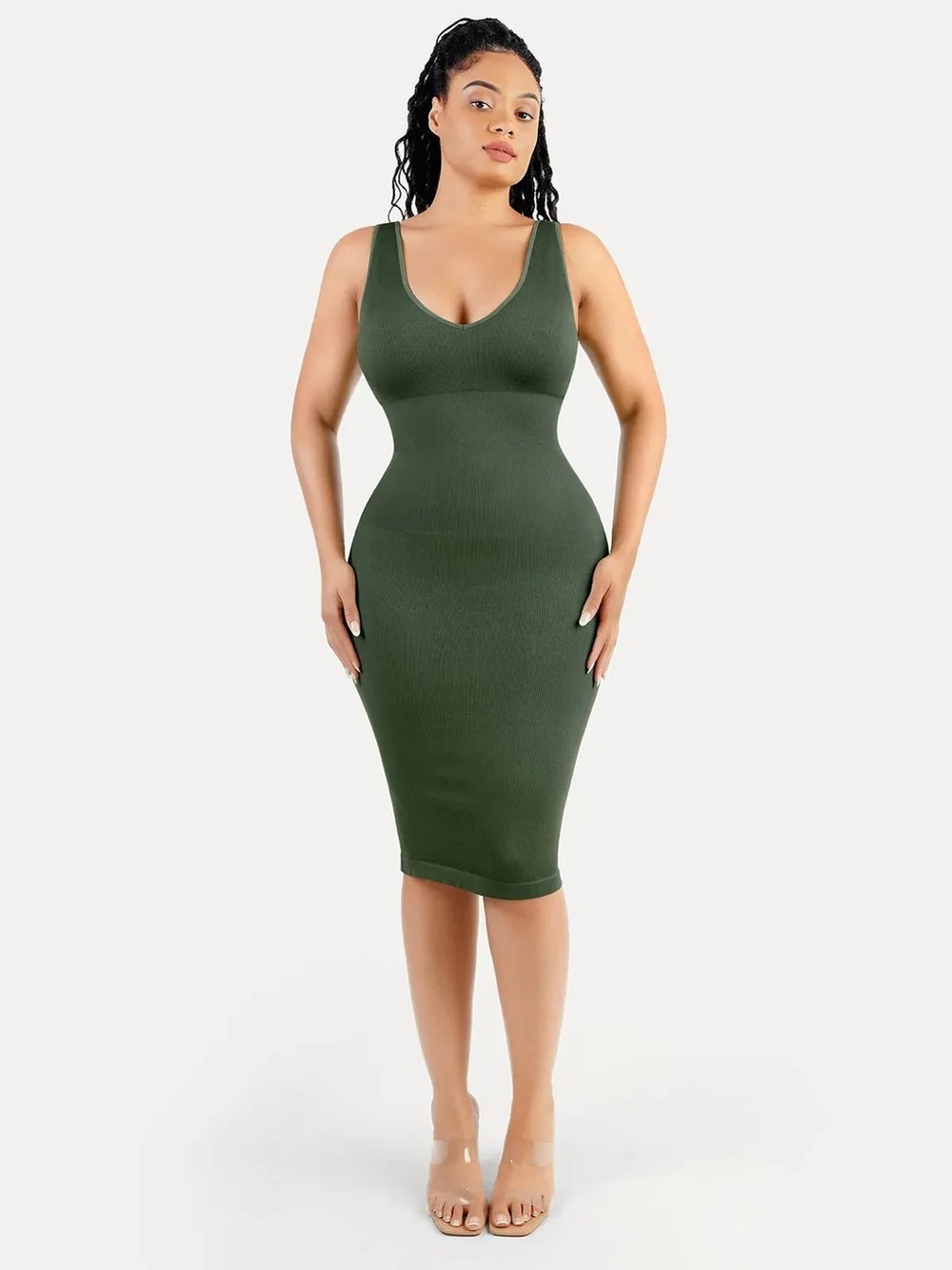 Popilush Green Tummy Control Midi Dress Deep V Neck
